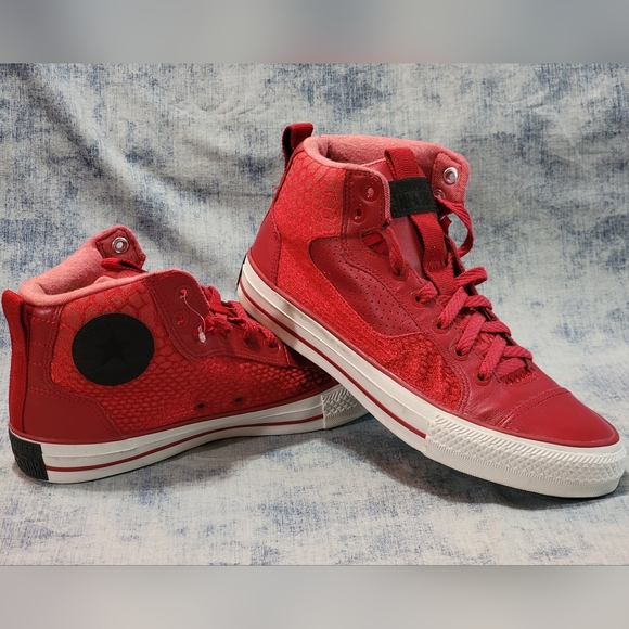 Converse All Stars Mens 9 NEW Red Leather + Snake Skin Look High Top 148837C - Picture 2 of 16